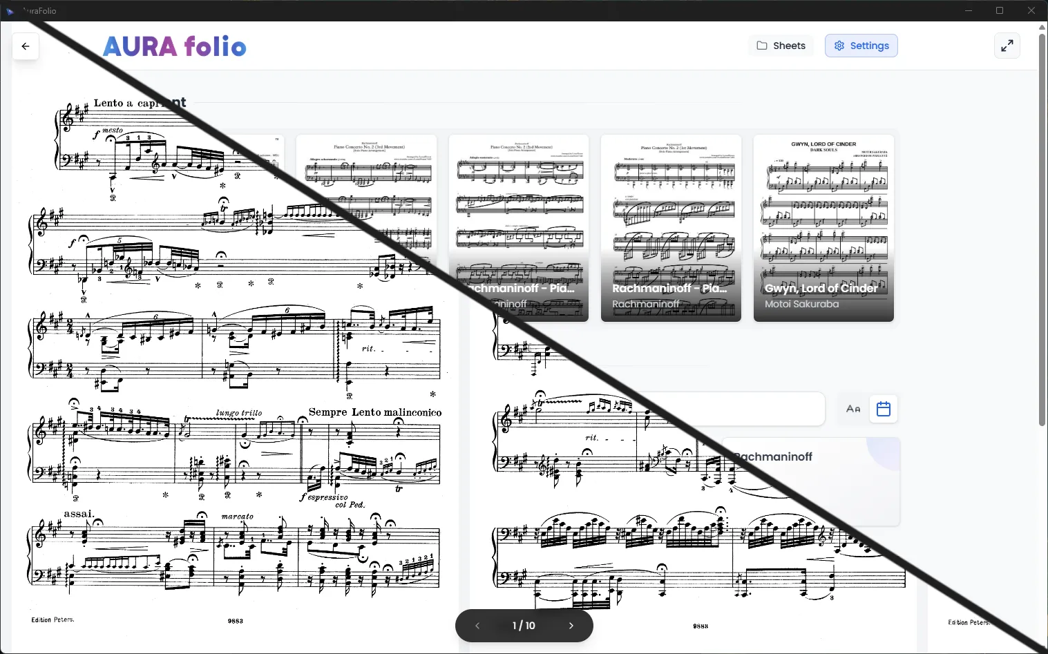 The AuraFolio application displaying a PDF sheet music score